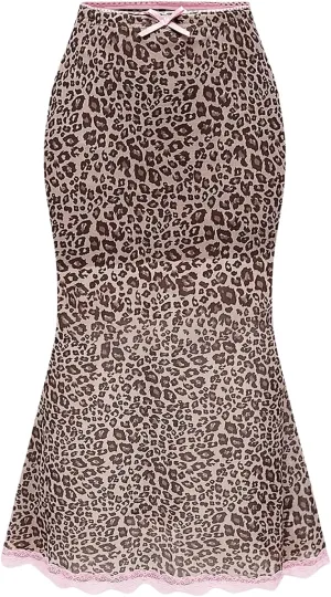 WDIRARA Women's Leopard Print Lace Trim Flared Long Skirt Bow Front Mesh Skinny Skirts