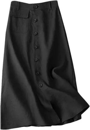 Women Button Up A-Line Skirts Cotton High Waist Mujer Solid Temperament Midi Skirts