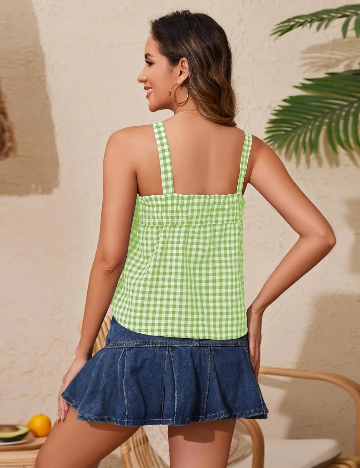 Women Cute Tie Front Plaid Crop Tank Tops Square Neck Sleeveless Gingham Camisole Tops Summer Backless Cropped Vest