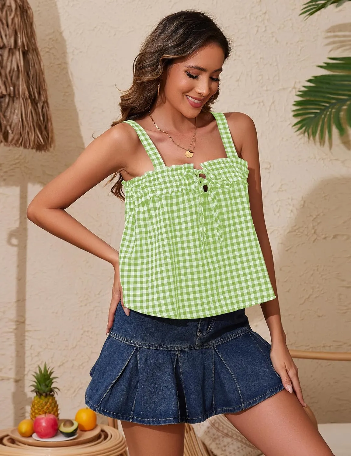 Women Cute Tie Front Plaid Crop Tank Tops Square Neck Sleeveless Gingham Camisole Tops Summer Backless Cropped Vest