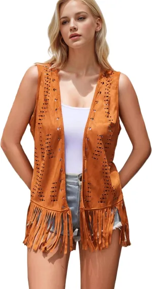 Women Fringe Vest Concert Cowgirl Western Outfit for Women Country Concert Tops 70s Hippie Costume Sleeveless Jacket