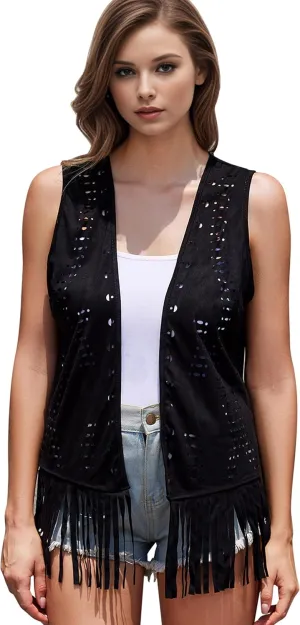 Women Fringe Vest Concert Cowgirl Western Outfit for Women Country Concert Tops 70s Hippie Costume Sleeveless Jacket