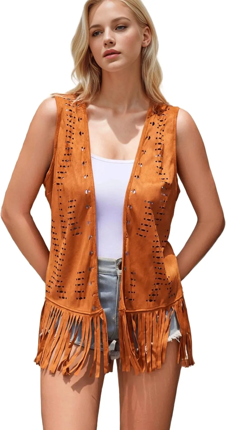 Women Fringe Vest Concert Cowgirl Western Outfit for Women Country Concert Tops 70s Hippie Costume Sleeveless Jacket