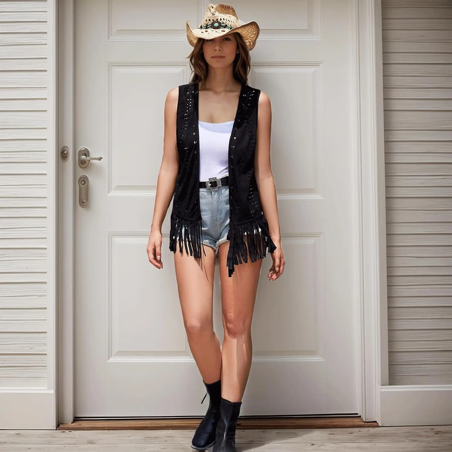 Women Fringe Vest Concert Cowgirl Western Outfit for Women Country Concert Tops 70s Hippie Costume Sleeveless Jacket