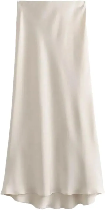 Women High Waist Long Skirts Women Office A-Line Solid Vintage Silk Midi Skirt Office
