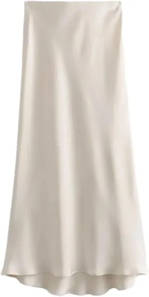 Women High Waist Long Skirts Women Office A-Line Solid Vintage Silk Midi Skirt Office