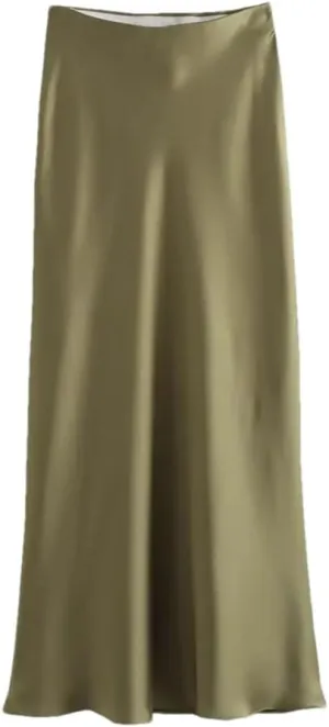 Women High Waist Long Skirts Women Office A-Line Solid Vintage Silk Midi Skirt Office