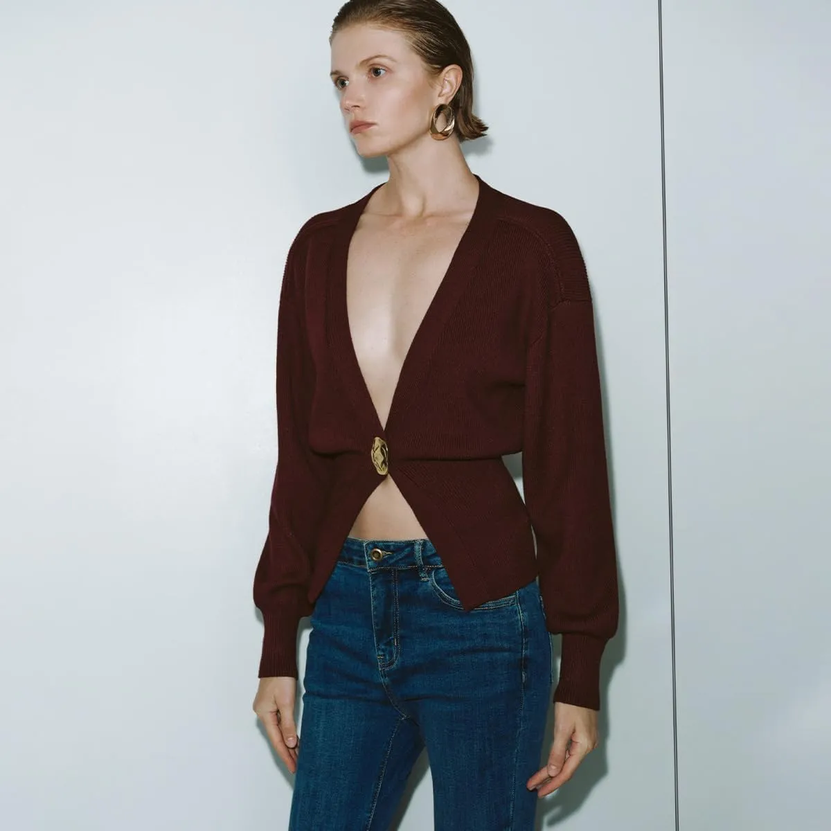 Women Knitted Cardigans Long Sleeve V-Neck Lightweight Sweater One Leaf Button Down Outwear