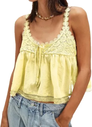 Women Lace Trim Tank Tops Y2k Tie Front Semi Sheer Crop Vest Cute Sleeveless Scoop Neck Flowy Cami Shirt