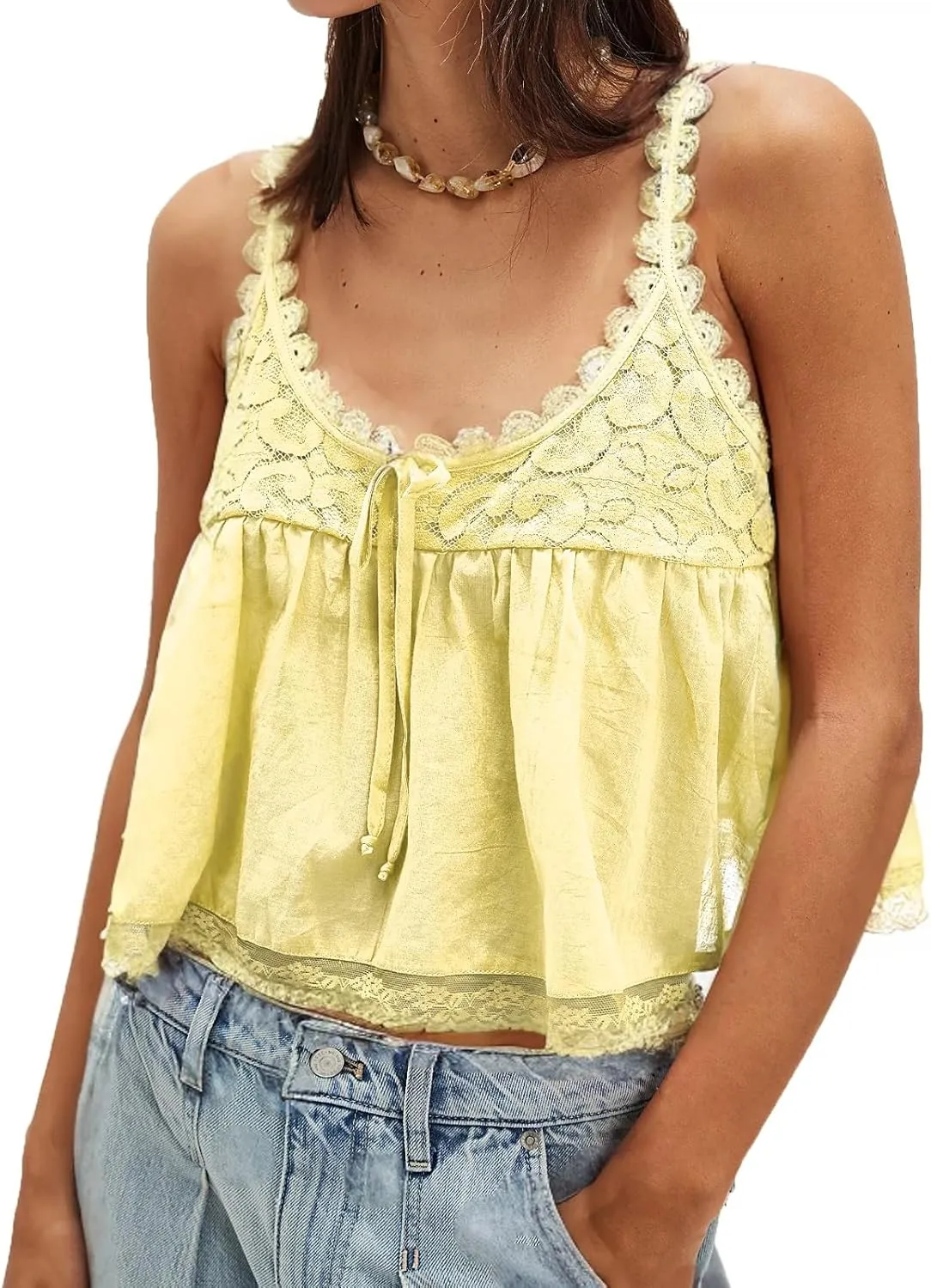 Women Lace Trim Tank Tops Y2k Tie Front Semi Sheer Crop Vest Cute Sleeveless Scoop Neck Flowy Cami Shirt