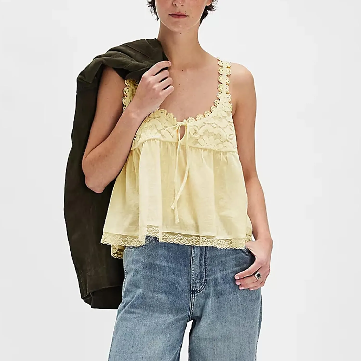 Women Lace Trim Tank Tops Y2k Tie Front Semi Sheer Crop Vest Cute Sleeveless Scoop Neck Flowy Cami Shirt