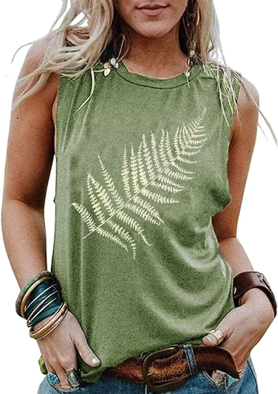 Women Leaf Graphic Tank Tops Summer Aesthetic Plant Print Hiking Adventure Sleeveless Casual Loose Blouse