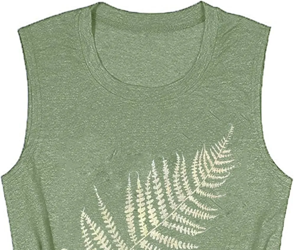 Women Leaf Graphic Tank Tops Summer Aesthetic Plant Print Hiking Adventure Sleeveless Casual Loose Blouse