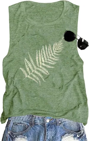 Women Leaf Graphic Tank Tops Summer Aesthetic Plant Print Hiking Adventure Sleeveless Casual Loose Blouse