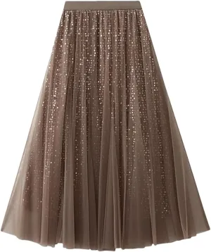 Women Mesh Sequin A-Line Skirt Long High Waist Midi Tulle Skirt Ruffles Cake Skirts
