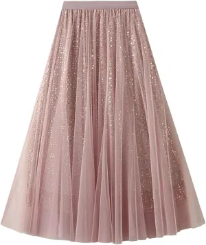 Women Mesh Sequin A-Line Skirt Long High Waist Midi Tulle Skirt Ruffles Cake Skirts