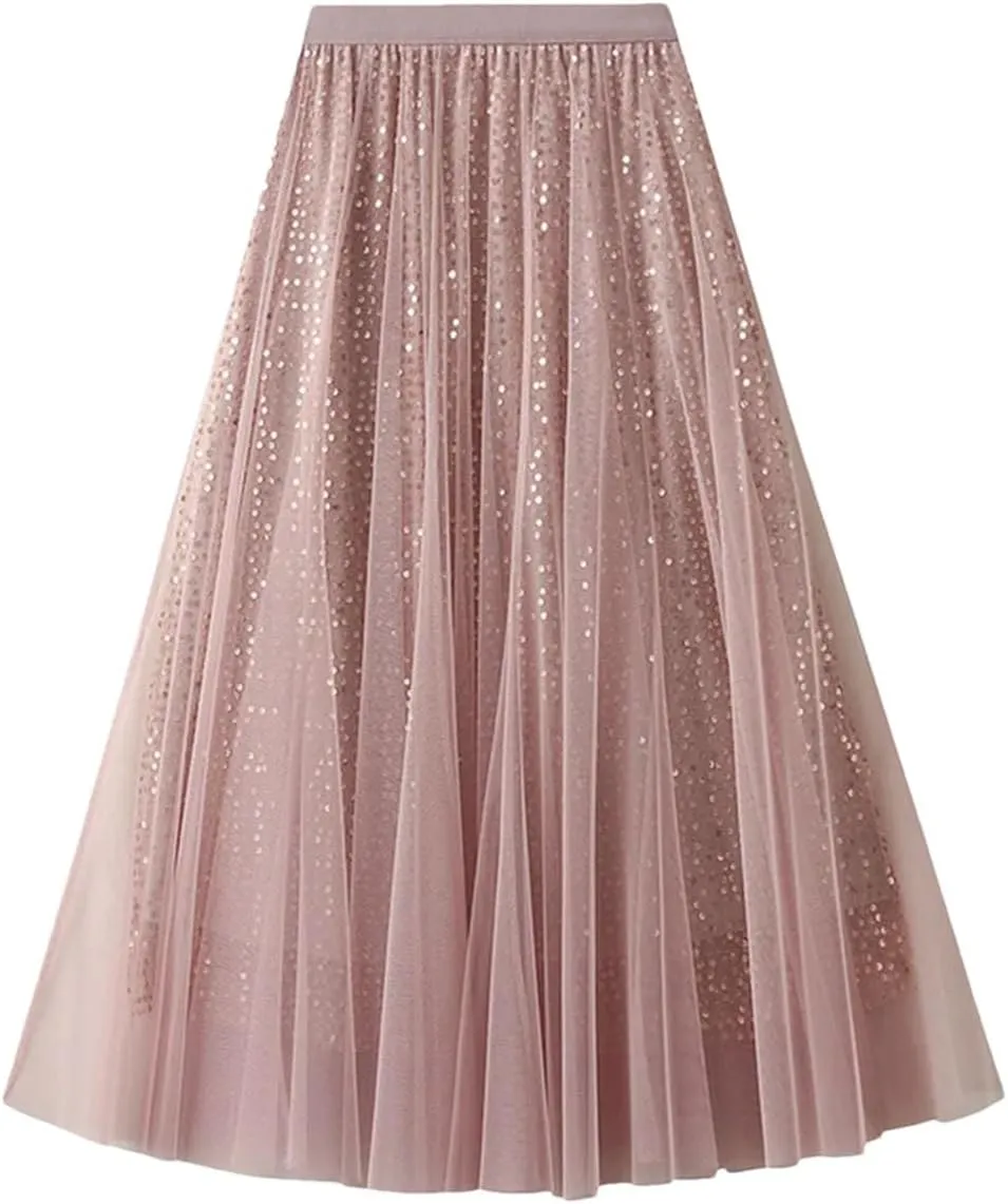 Women Mesh Sequin A-Line Skirt Long High Waist Midi Tulle Skirt Ruffles Cake Skirts