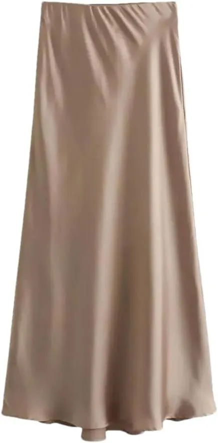 Women Satin High Waist Long Skirts Women Midi Office A-Line Solid Skirts