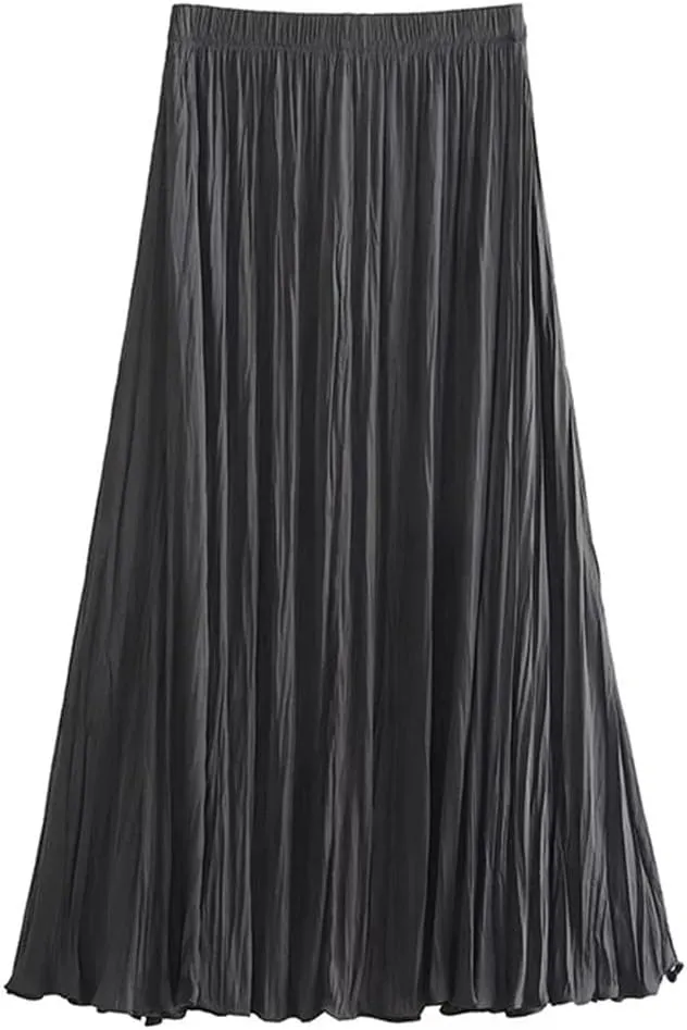 Women Solid A-Line Midi Skirt Vintage High Elastic Waist Pleated Casual Skirts