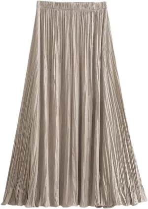 Women Solid A-Line Midi Skirt Vintage High Elastic Waist Pleated Casual Skirts
