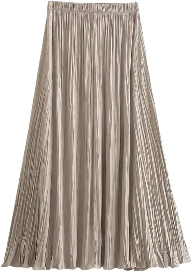 Women Solid A-Line Midi Skirt Vintage High Elastic Waist Pleated Casual Skirts