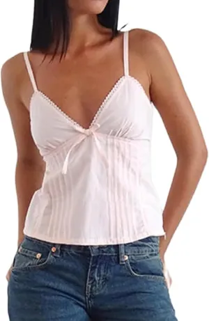 Women Spaghetti Strap Lace Trim Crop Camisole Sexy V Neck Vintage Backless Y2k Fairy Grunge Cami Shirt
