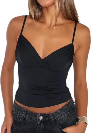 Women Spaghetti Strap Lace Trim Crop Camisole Sexy V Neck Vintage Backless Y2k Fairy Grunge Cami Shirt