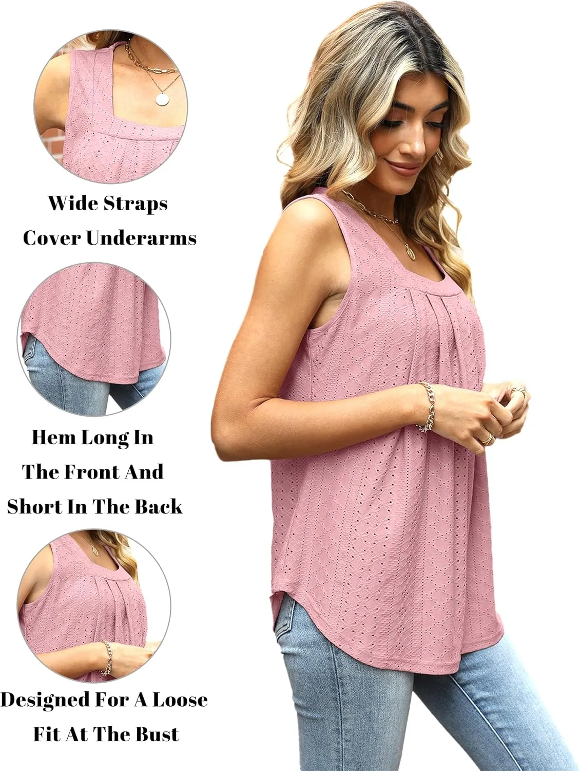 Women Square Neck Summer Sleeveless Tank Tops, Cute Babydoll Tops Fashion Eyelet Tunic Curved Hem Shirts Blouses