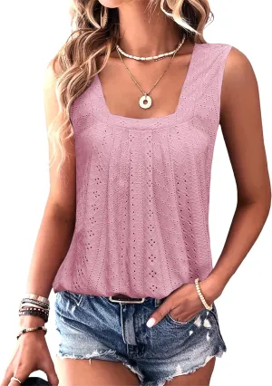 Women Square Neck Summer Sleeveless Tank Tops, Cute Babydoll Tops Fashion Eyelet Tunic Curved Hem Shirts Blouses