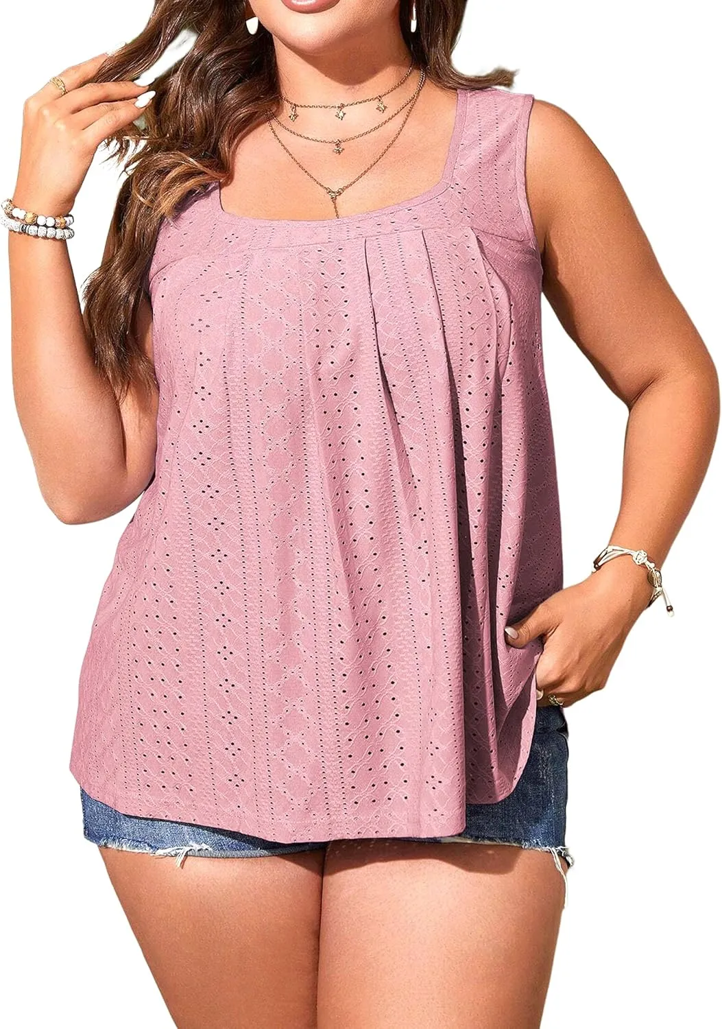 Women Square Neck Summer Sleeveless Tank Tops, Cute Babydoll Tops Fashion Eyelet Tunic Curved Hem Shirts Blouses