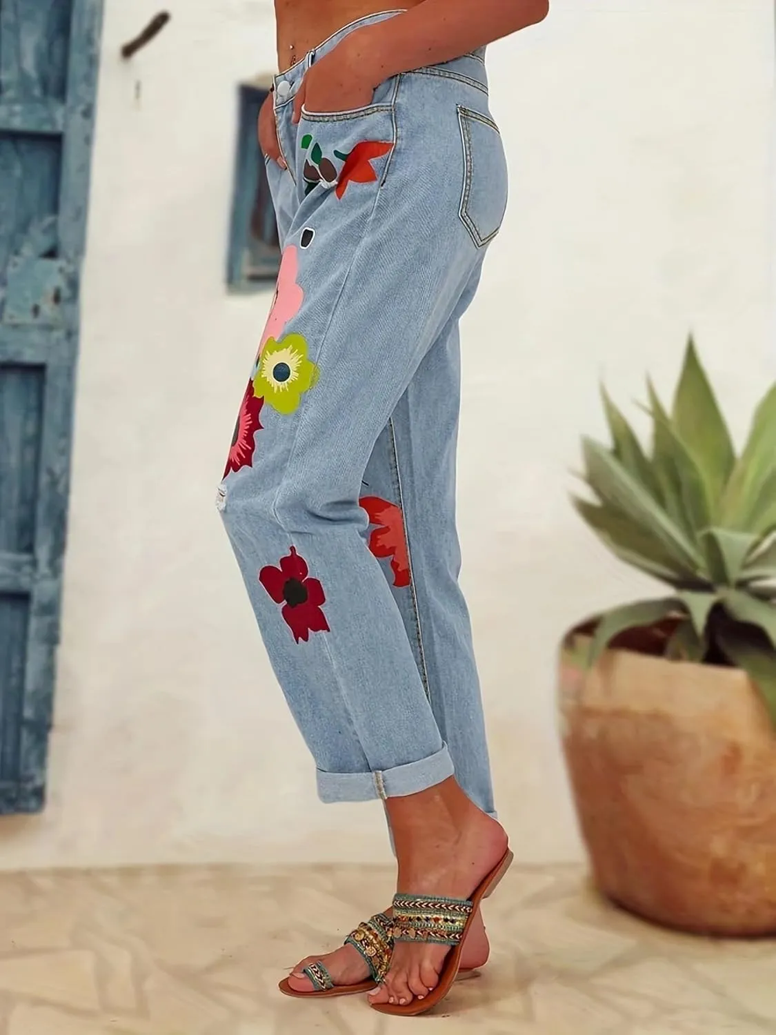 Women Vintage Floral Print High Waist Distressed Straight Leg Jean Loose Baggy Boyfriend Ripped Flower Denim Pant