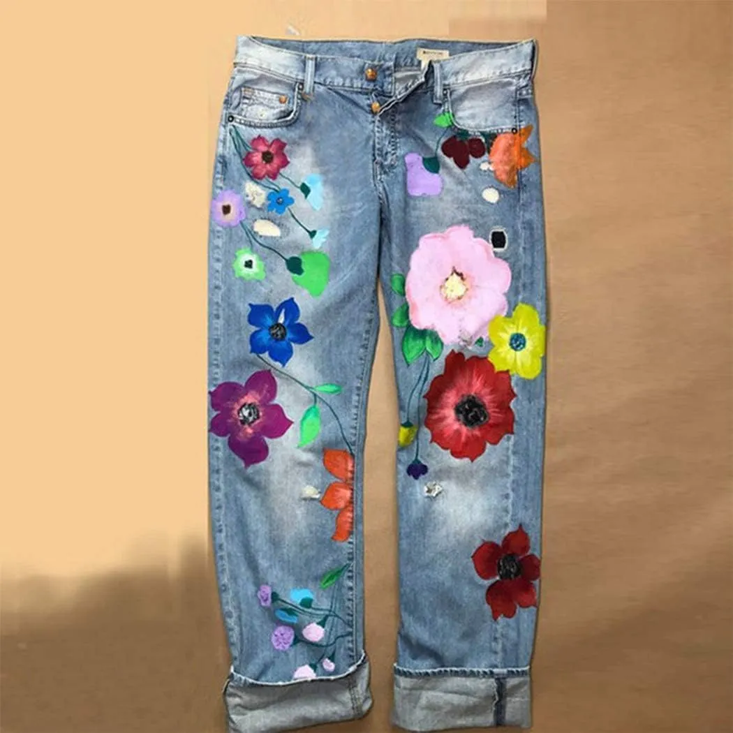 Women Vintage Floral Print High Waist Distressed Straight Leg Jean Loose Baggy Boyfriend Ripped Flower Denim Pant