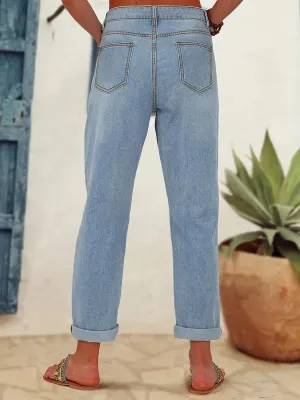 Women Vintage Floral Print High Waist Distressed Straight Leg Jean Loose Baggy Boyfriend Ripped Flower Denim Pant