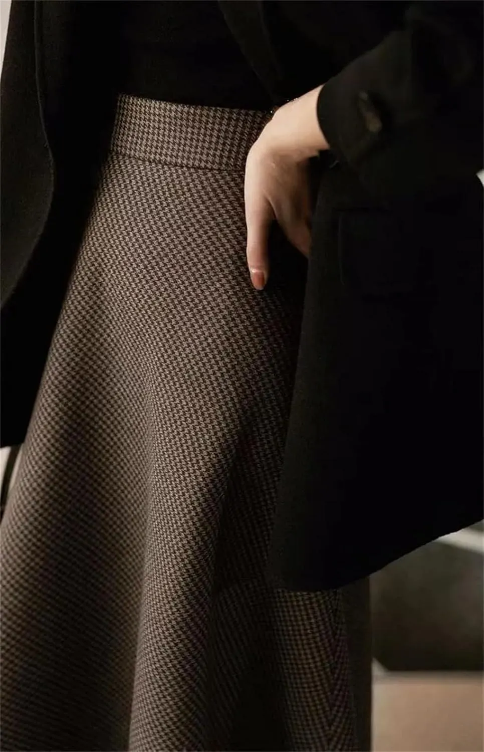 Women Vintage Plaid Woolen Skirts Women Winter High Waist Warm A-Line Pleated Skirt Office Elegant Midi Skirt Faldas