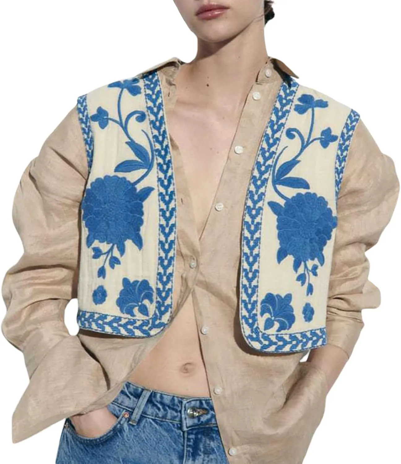 Women Y2k Floral Embroidered Crop Vest Sleeveless Open Front Flower Linen Short Vest Cardigans Tops Streetwear