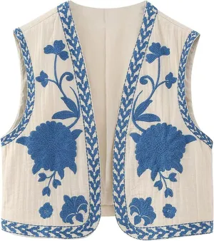 Women Y2k Floral Embroidered Crop Vest Sleeveless Open Front Flower Linen Short Vest Cardigans Tops Streetwear