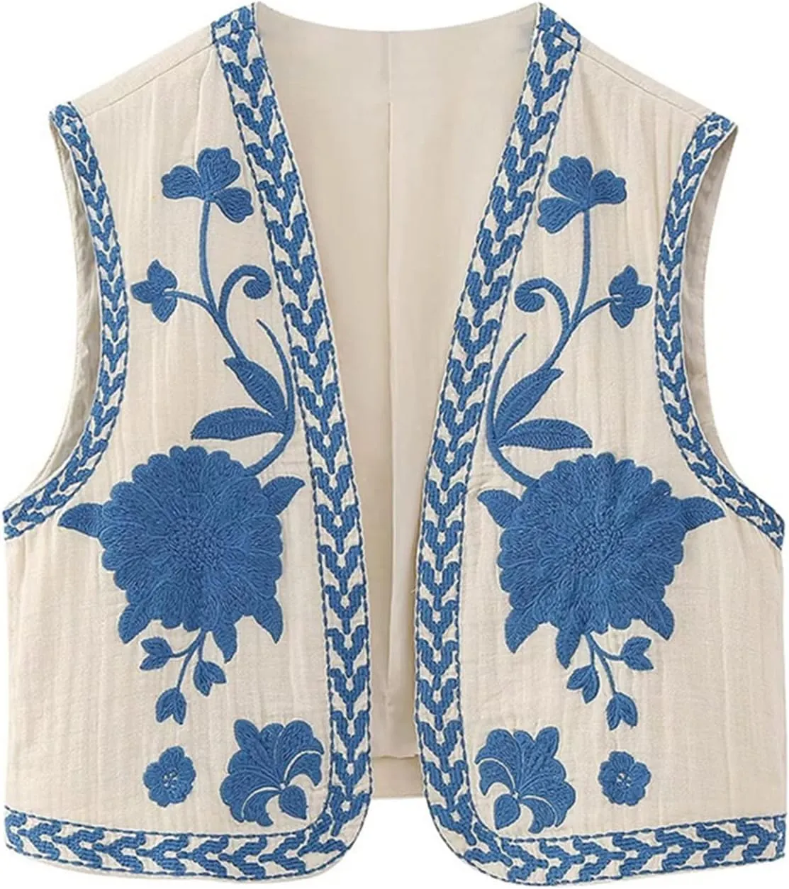 Women Y2k Floral Embroidered Crop Vest Sleeveless Open Front Flower Linen Short Vest Cardigans Tops Streetwear