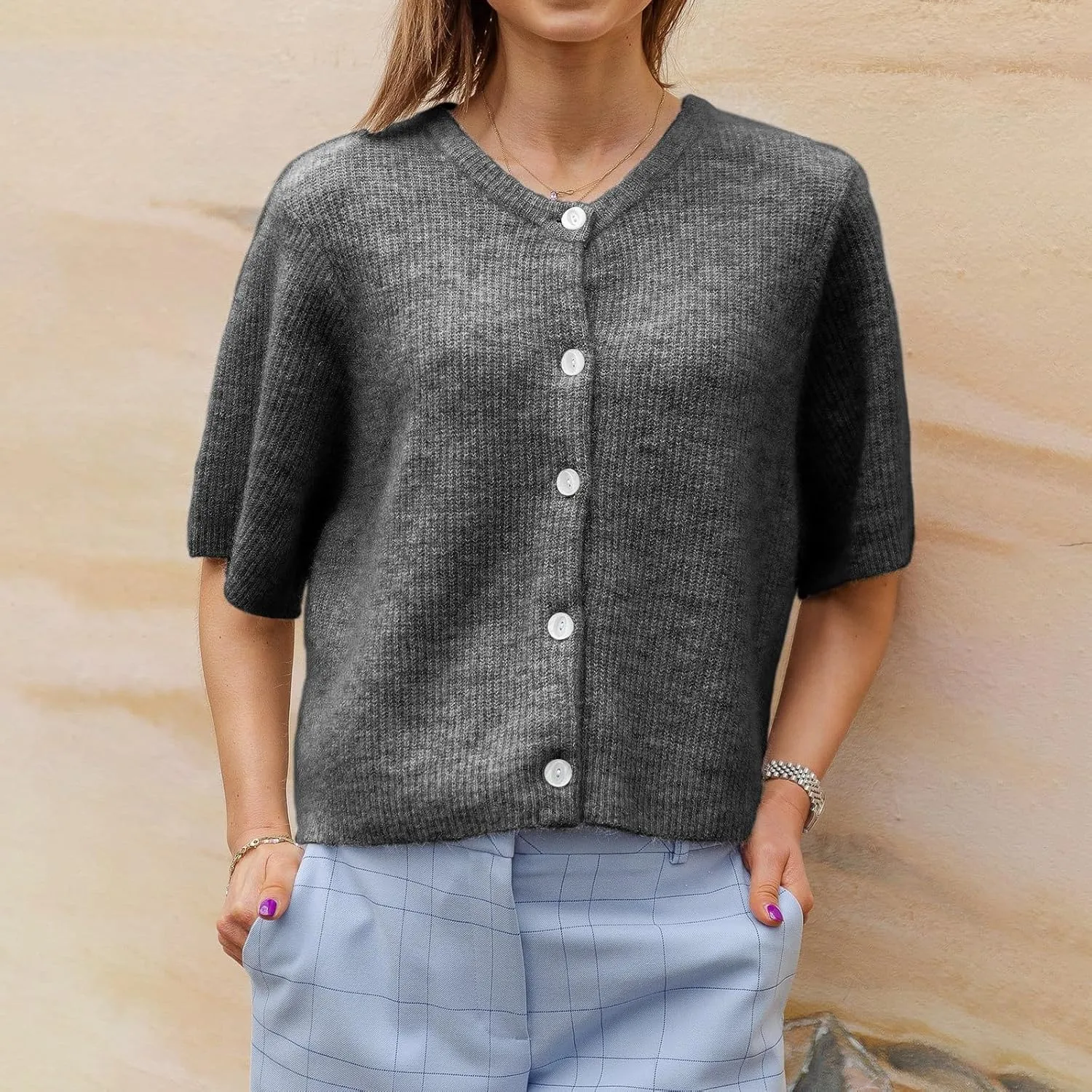 Women Y2k Knitted Crop Cardigan Short Sleeve Button Up Rib Knit Solid Color Cute Sweater Shirt