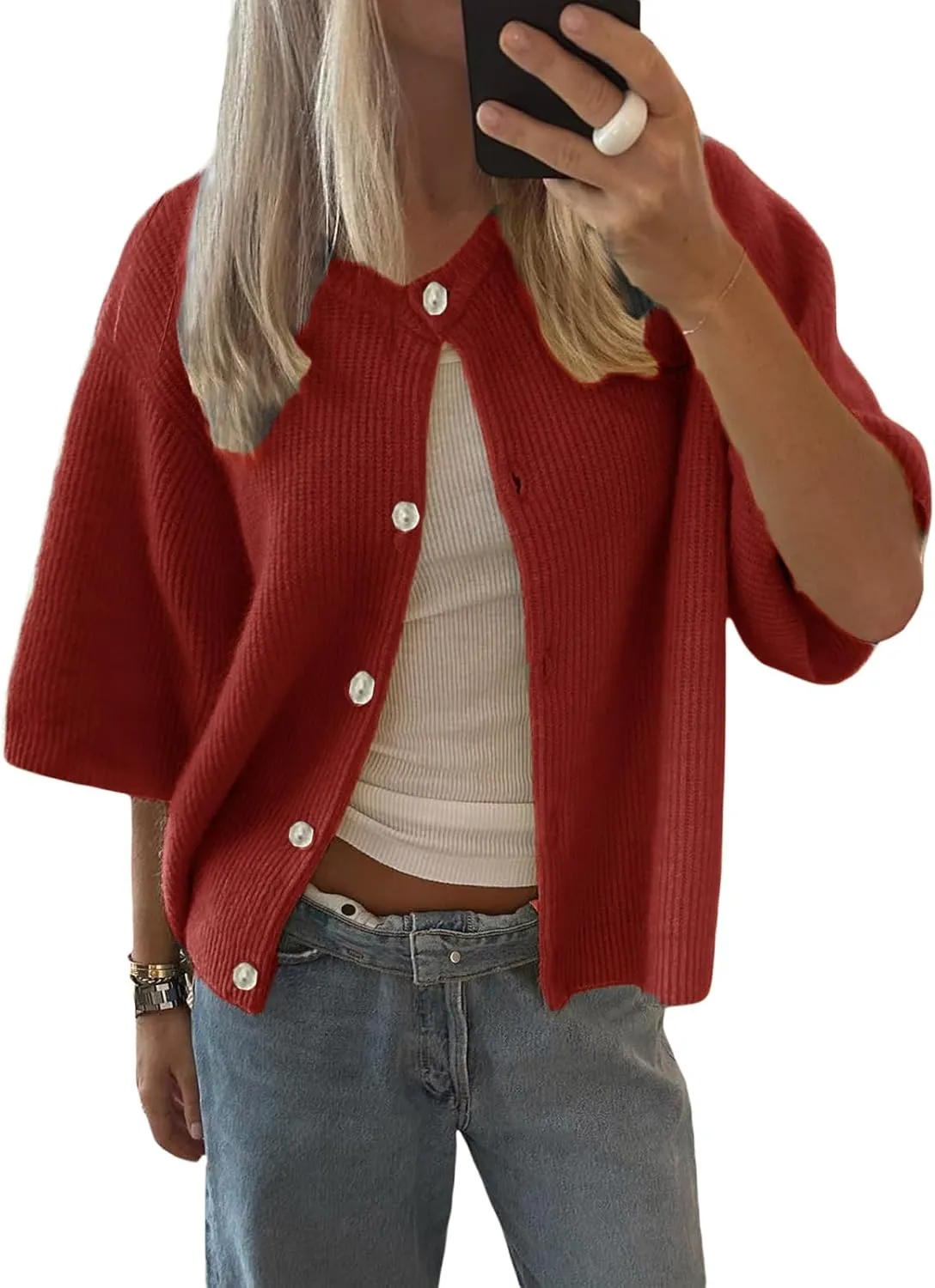 Women Y2k Knitted Crop Cardigan Short Sleeve Button Up Rib Knit Solid Color Cute Sweater Shirt