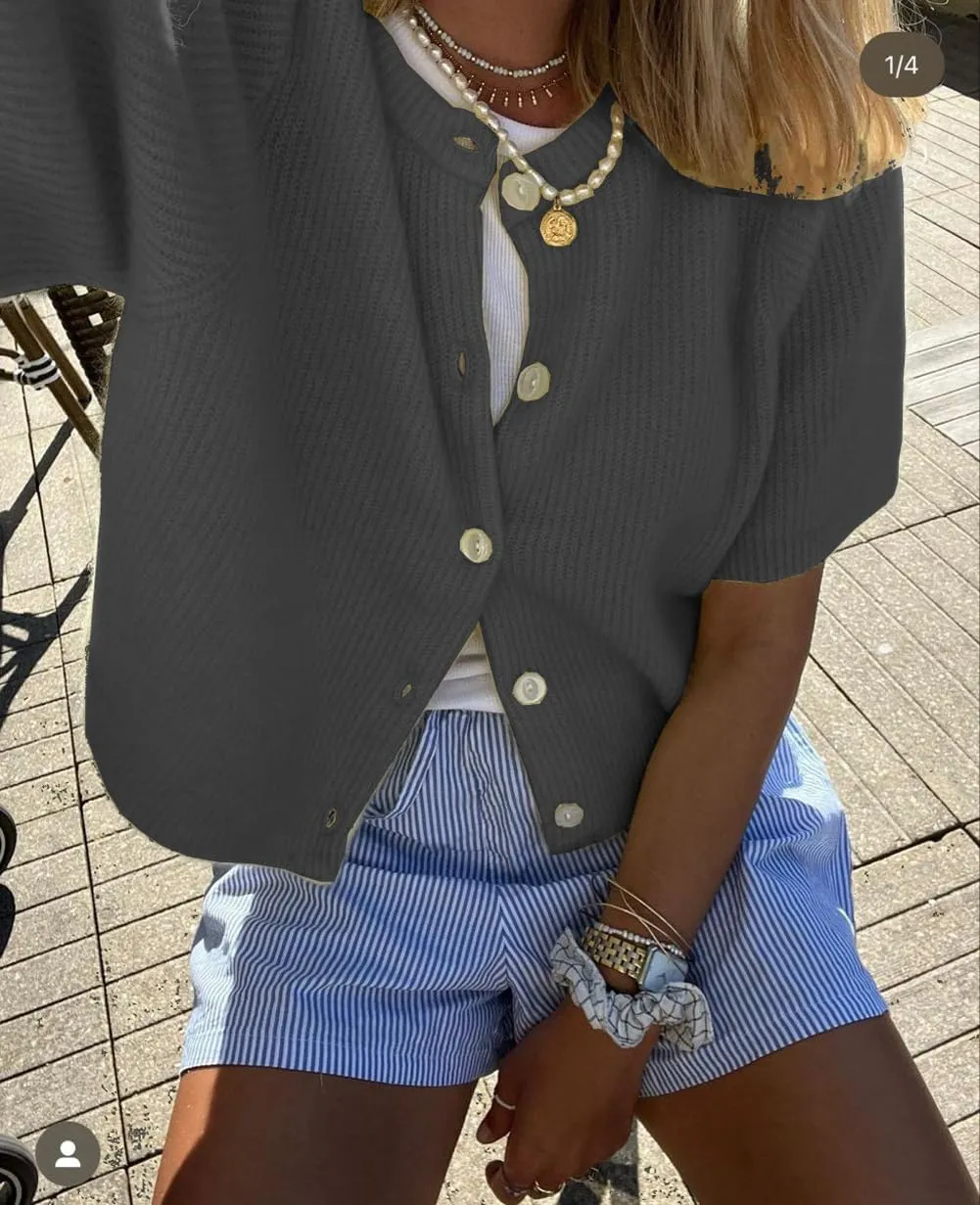 Women Y2k Knitted Crop Cardigan Short Sleeve Button Up Rib Knit Solid Color Cute Sweater Shirt