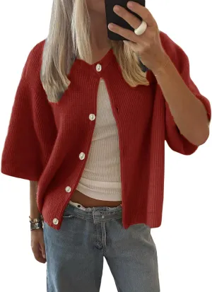 Women Y2k Knitted Crop Cardigan Short Sleeve Button Up Rib Knit Solid Color Cute Sweater Shirt