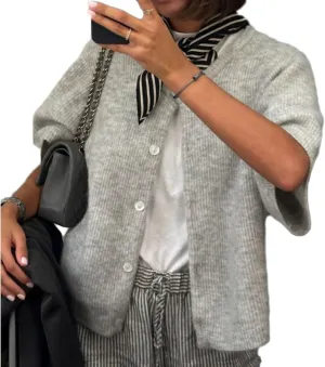 Women Y2k Knitted Crop Cardigan Short Sleeve Button Up Rib Knit Solid Color Cute Sweater Shirt