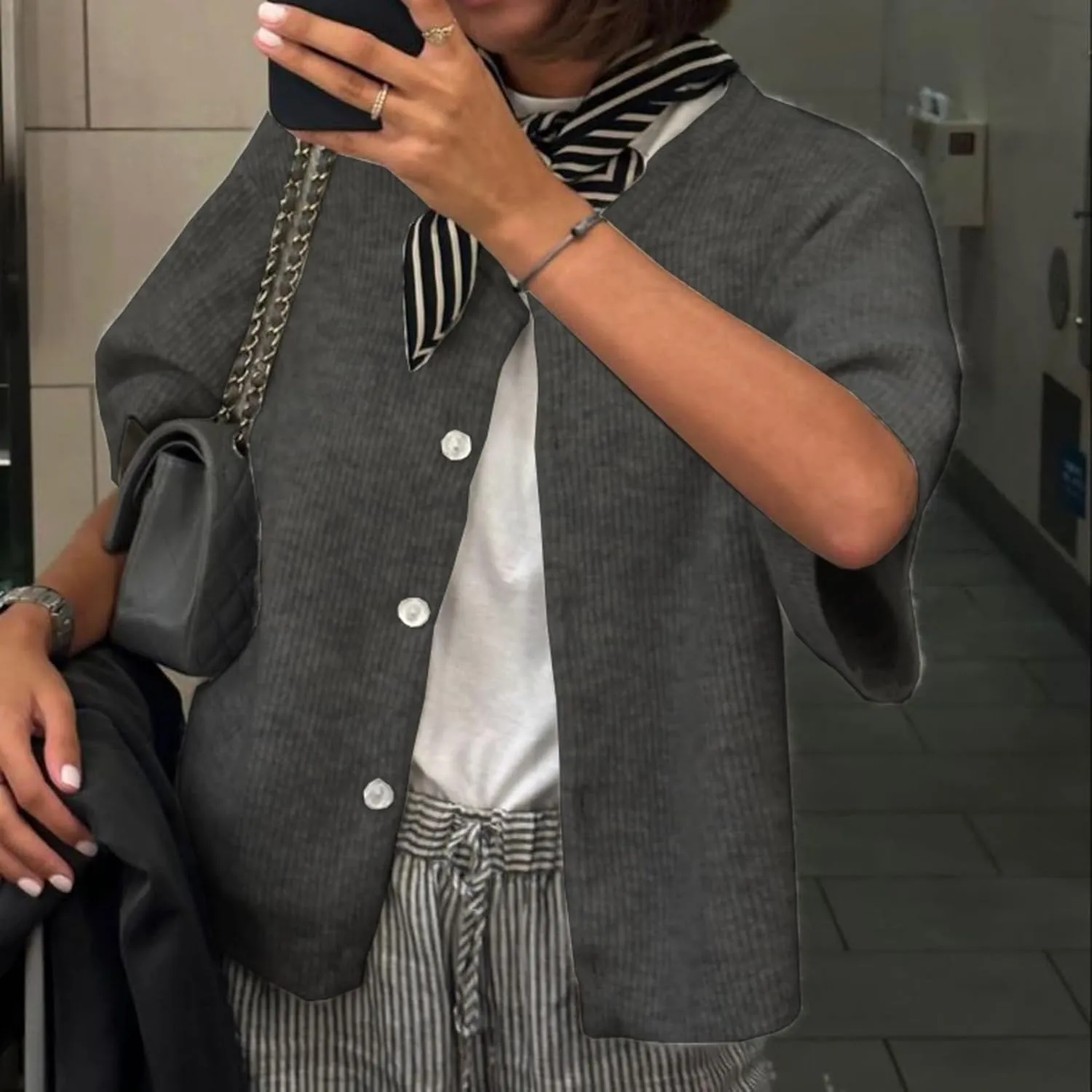 Women Y2k Knitted Crop Cardigan Short Sleeve Button Up Rib Knit Solid Color Cute Sweater Shirt