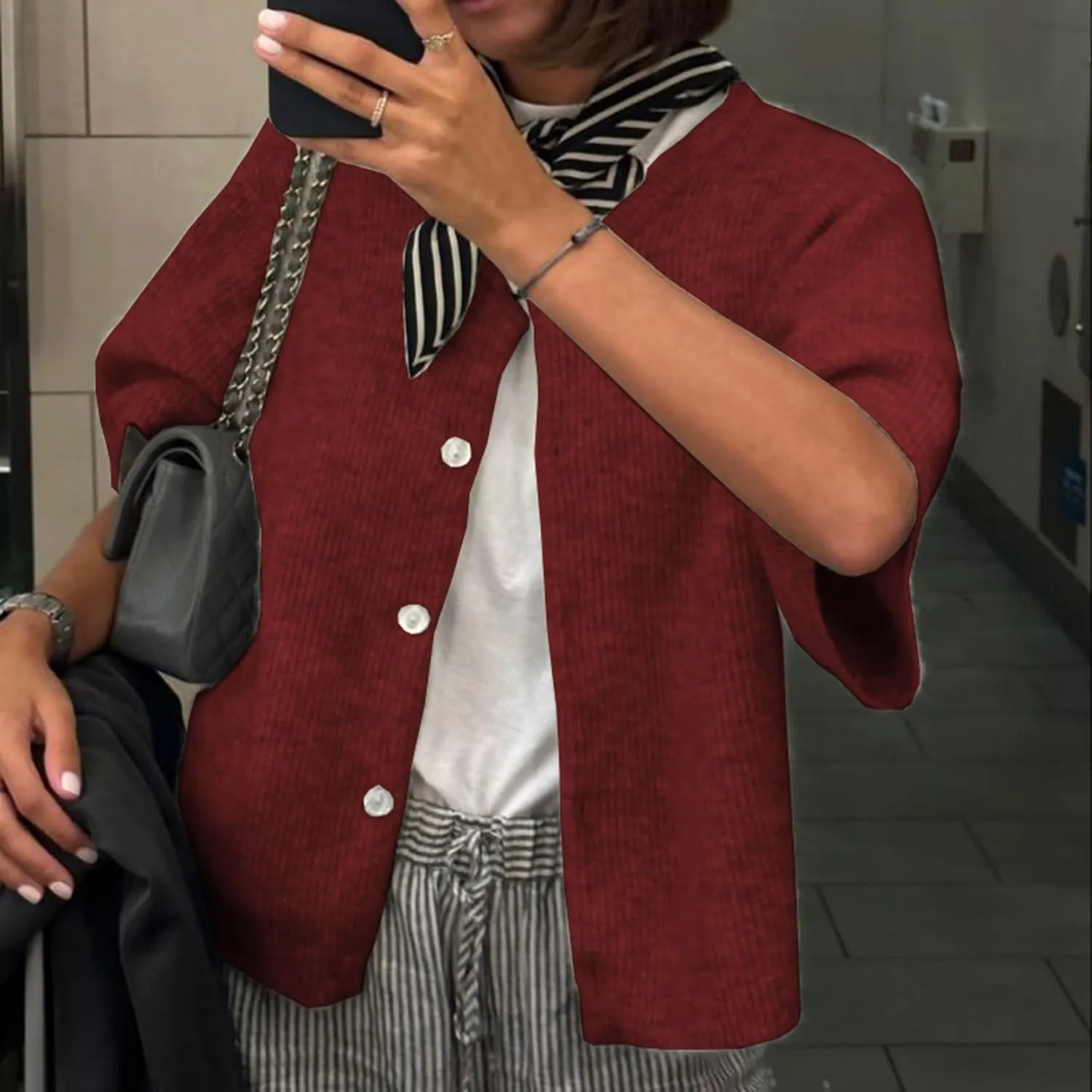 Women Y2k Knitted Crop Cardigan Short Sleeve Button Up Rib Knit Solid Color Cute Sweater Shirt