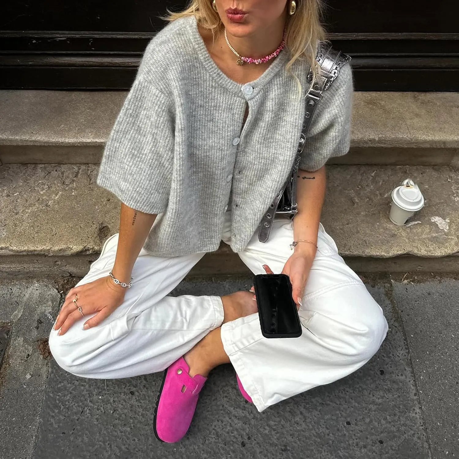 Women Y2k Knitted Crop Cardigan Short Sleeve Button Up Rib Knit Solid Color Cute Sweater Shirt