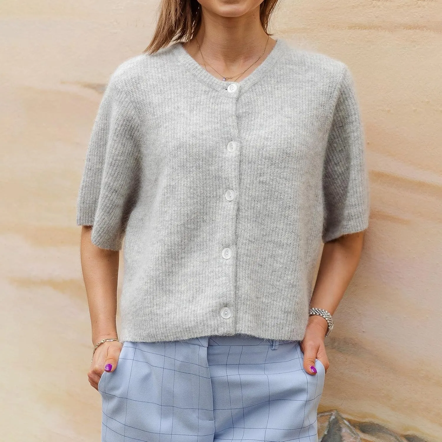 Women Y2k Knitted Crop Cardigan Short Sleeve Button Up Rib Knit Solid Color Cute Sweater Shirt