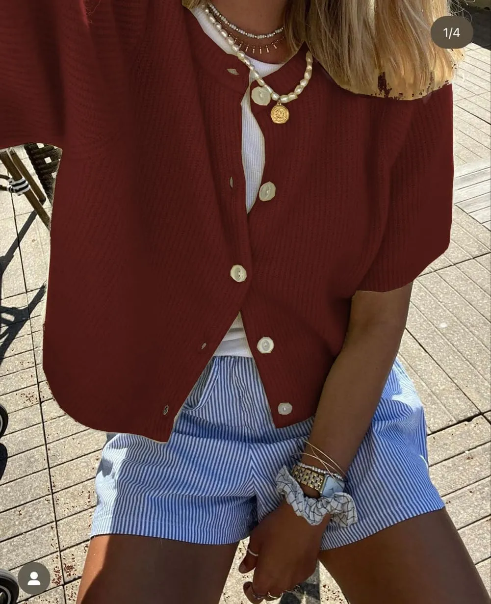 Women Y2k Knitted Crop Cardigan Short Sleeve Button Up Rib Knit Solid Color Cute Sweater Shirt