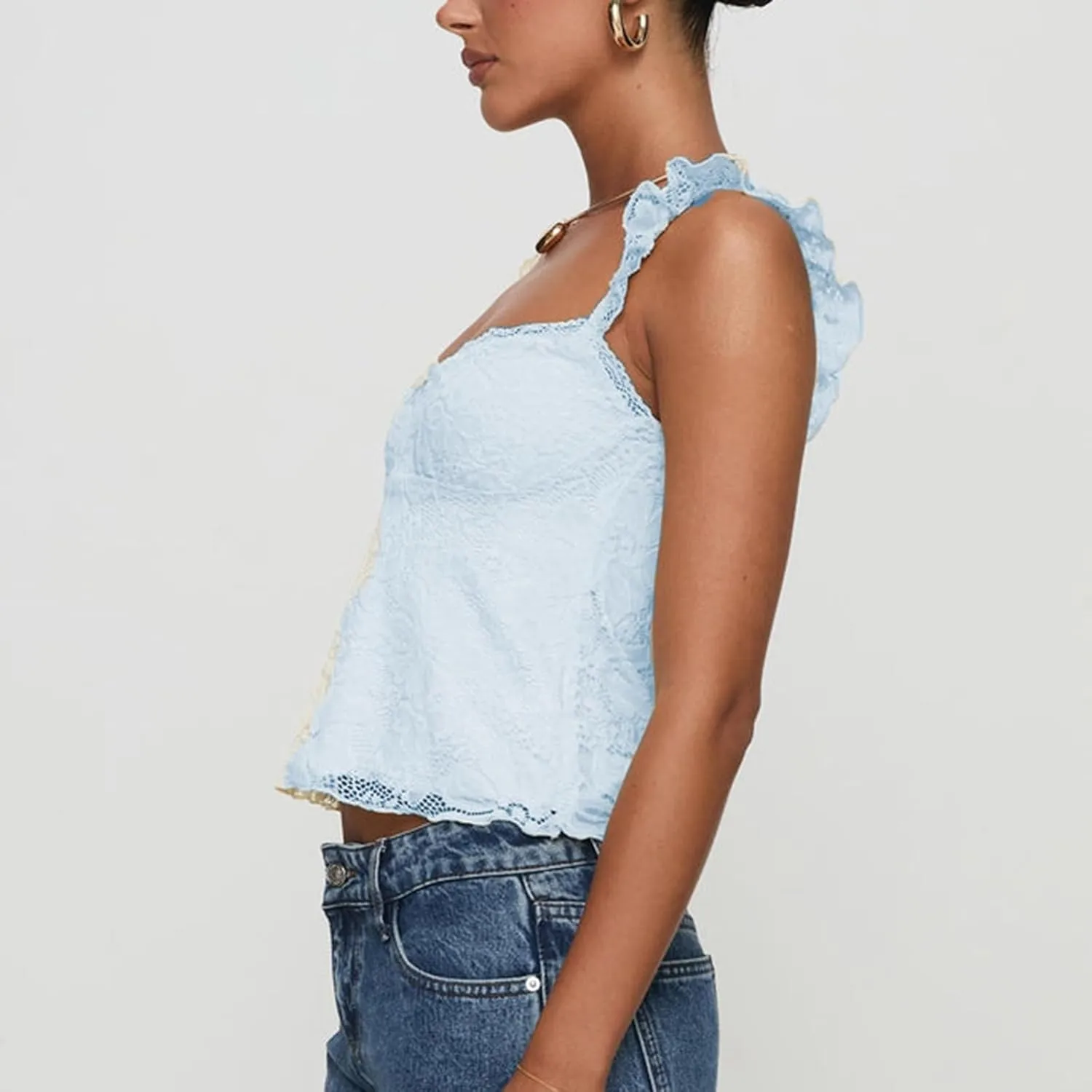Women Y2k Lace Trim Tank Tops Camisole Spaghetti Strap Square Neck Sleeveless Vintage Going Out Shirts Streetwear