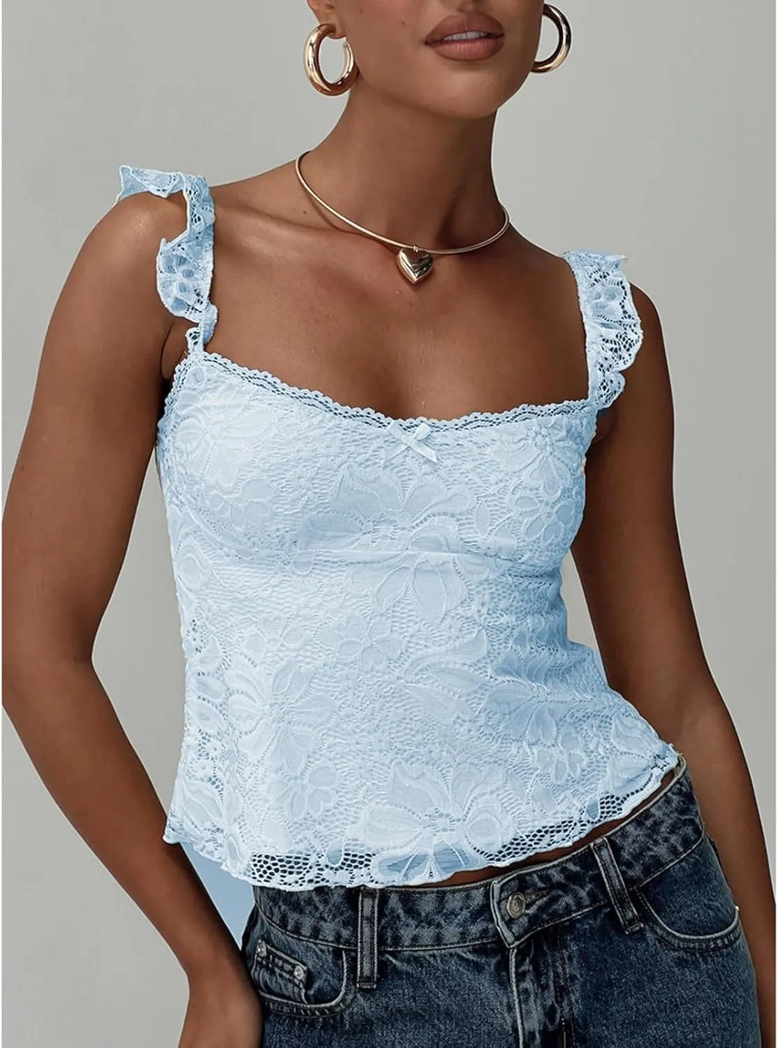 Women Y2k Lace Trim Tank Tops Camisole Spaghetti Strap Square Neck Sleeveless Vintage Going Out Shirts Streetwear