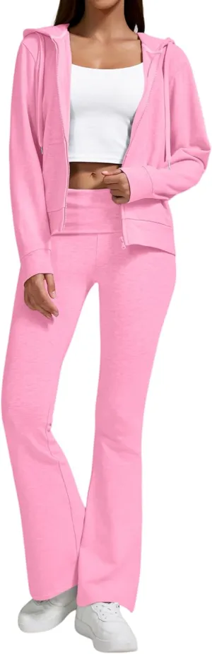 Women's 2-Piece Lounge Outfit-Lightweight Zip-Up Hoodie with Pockets & Low Rise Flare Leggings Yoga Sweatsuit Set